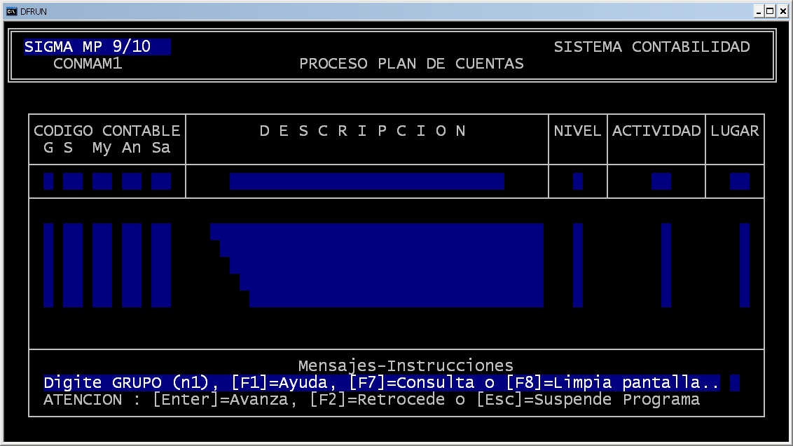 Pantalla del Proceso de Plan de Cuentas