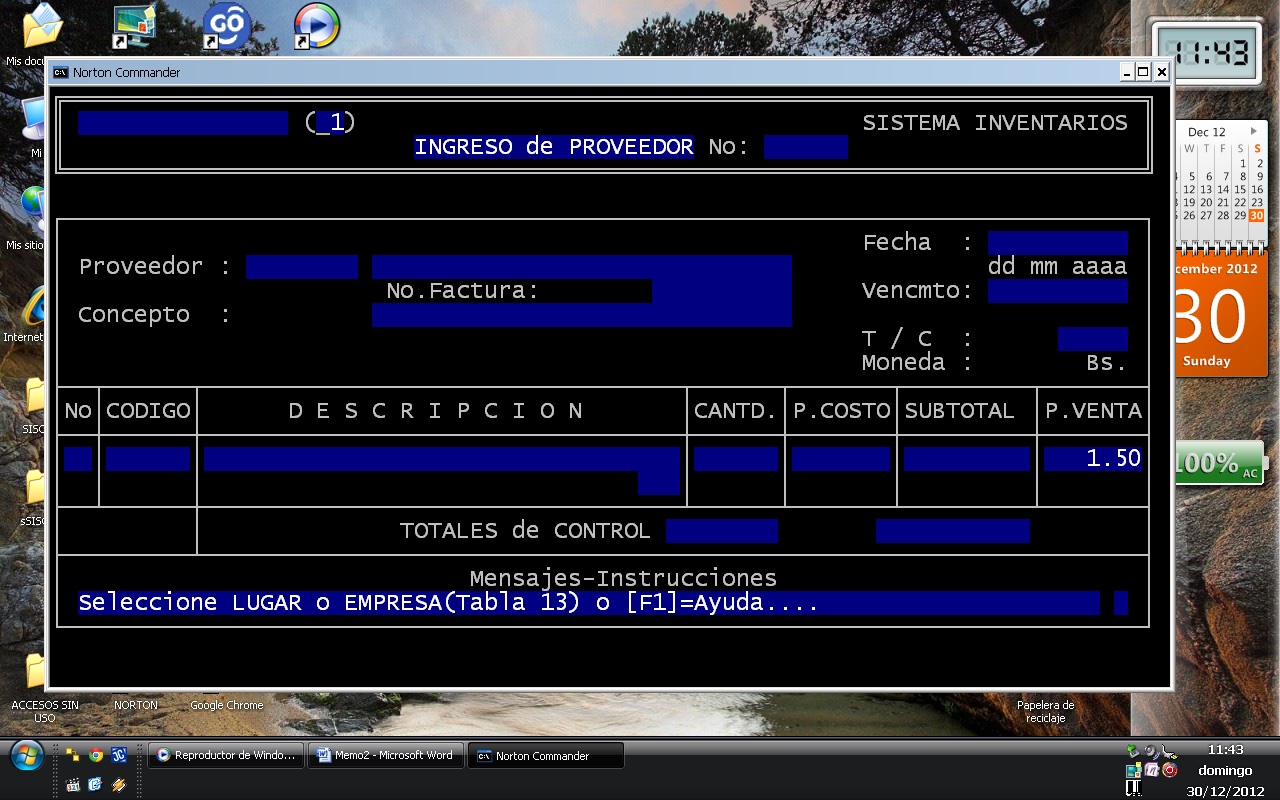 Pantalla de Ingreso de Proveedor